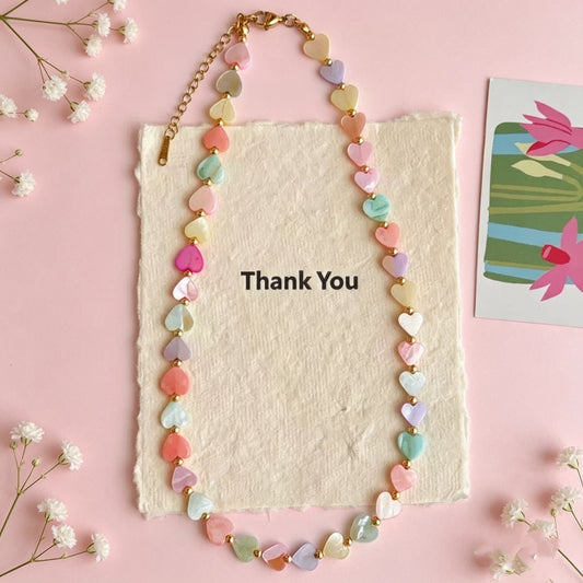 Colorful Heart Shell Beaded Necklace | Pastel Pink Yellow Purple Green | Gold Titanium Steel | 16+2" Choker | Summer Beach Jewelry Gift | Smile Bloom