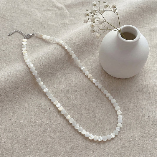 Mother of Pearl Heart Beaded Necklace | Silver Plated Chain | 16+2" Adjustable | Minimalist Choker | Birthday Gift for Her | Smile Luna