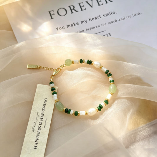 Green Jade & Freshwater Pearl Beaded Bracelet | Natural Seashell Gold Accents | Boho Adjustable Bracelet | Nature Lover Gift | Smile Terra