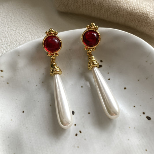 Red gemstone long beads earrings