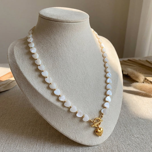 Natural Shell Heart Beaded Necklace | Gold Plated OT Clasp | 16.5" Fixed Choker | Smile Ivory