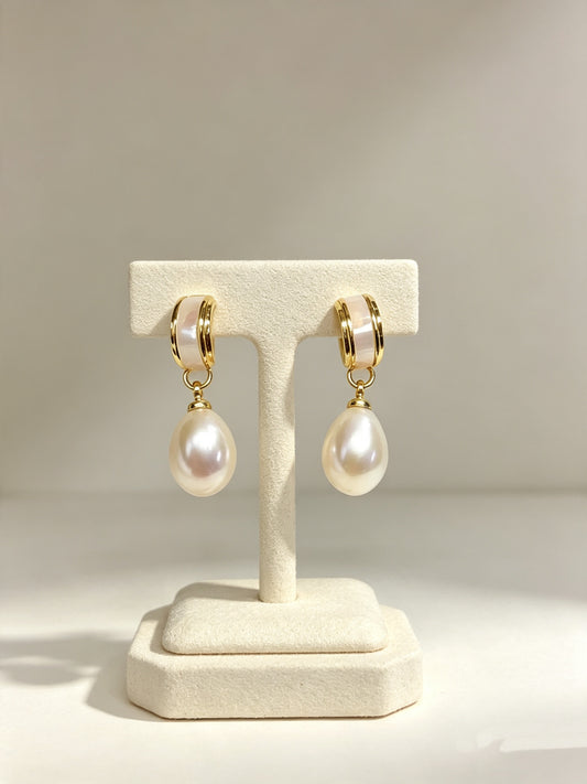 Freshwater Pearl Stud Earrings | 5A Natural Pearl & Seashell | Gold Plated Post | 7-8mm Minimalist Earrings | Pure Drop