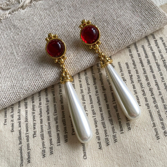 Red gemstone long beads earrings
