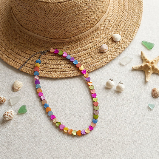Natural Shell Heart Necklace | Rainbow Dyed Colorful Beads | Boho Summer Beach Jewelry | 16+2" Adjustable | Smile Rainbow
