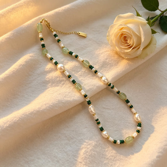 Green Jade & Freshwater Pearl Beaded Necklace | Natural Seashell Gold Accents | 17+2.5" Boho Choker | Nature Lover Gift | Smile Terra